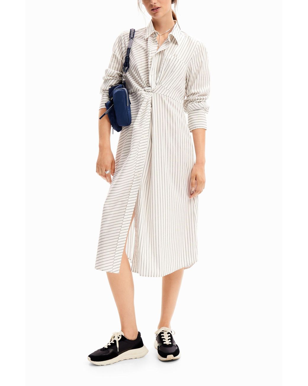 Desigual White Striped Midi Shirt Dress