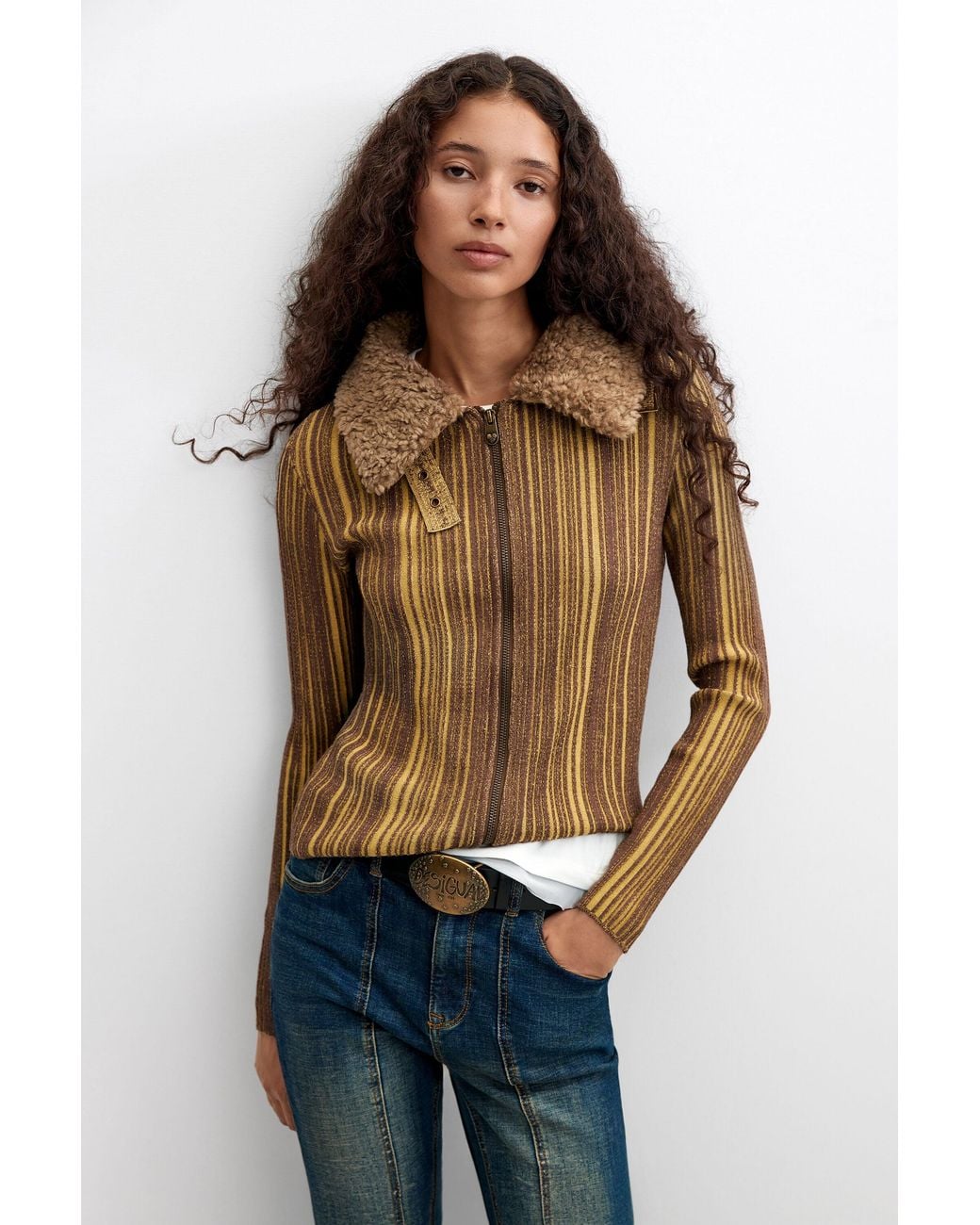 Desigual Brown Chunky Knit Striped Sweater