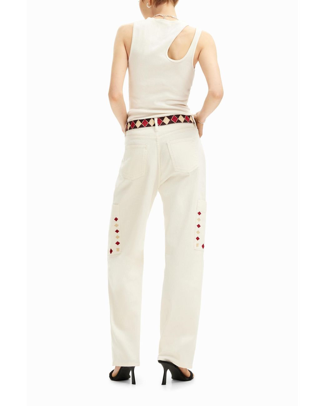 Desigual White Cropped Denim Pants With Diamond-Shaped Edges. Cotton