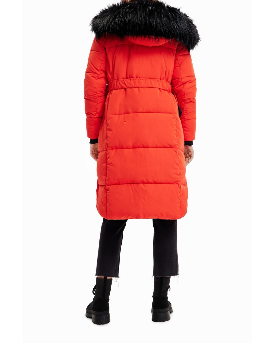 Desigual Red Long Padded Coat With Belt, Polyester