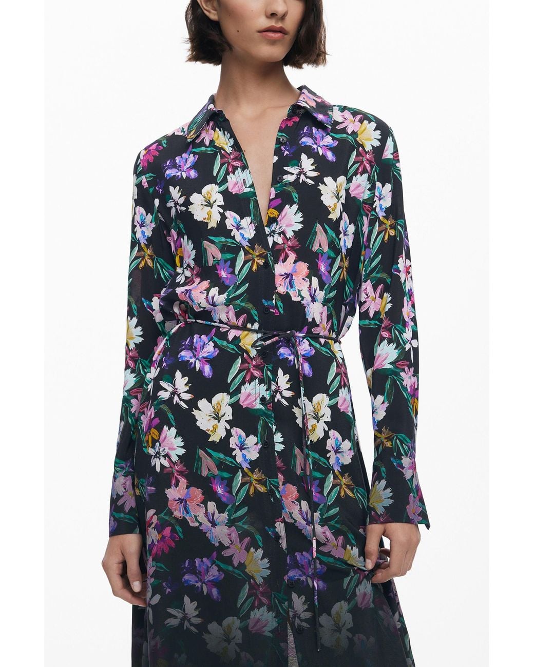 Desigual Blue Gradient Floral Shirt Dress, Viscose