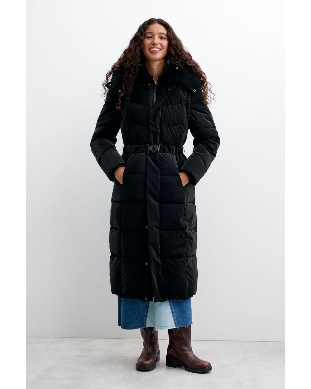 Desigual Blue Long Padded Coat, Polyurethane