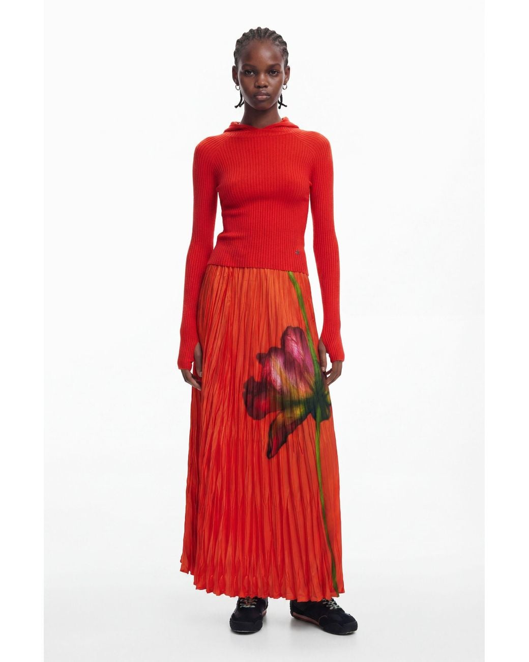 Desigual Red Floral Texture Skirt, Polyester