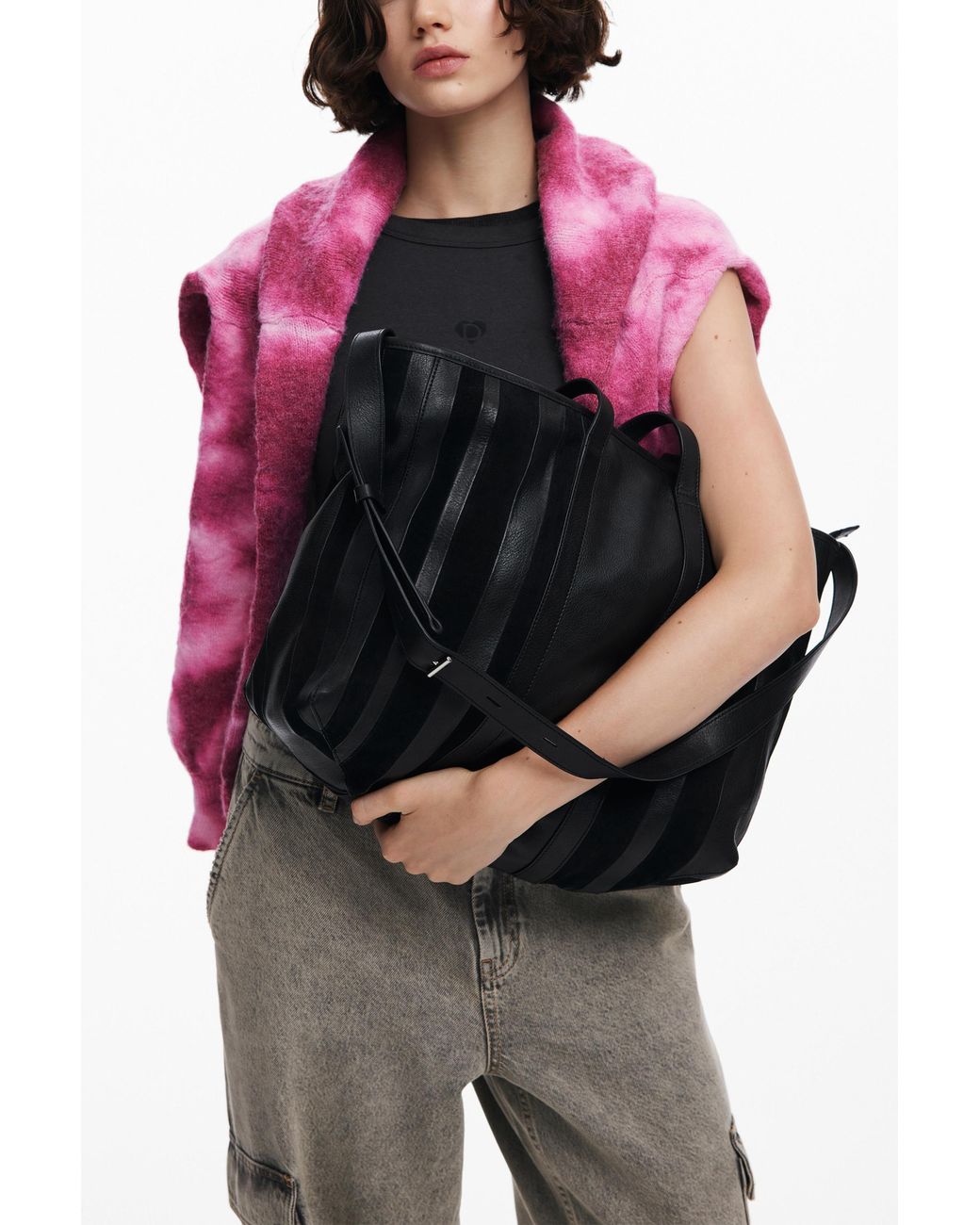 Desigual Black Leather Shopper Bag, Cow Leather