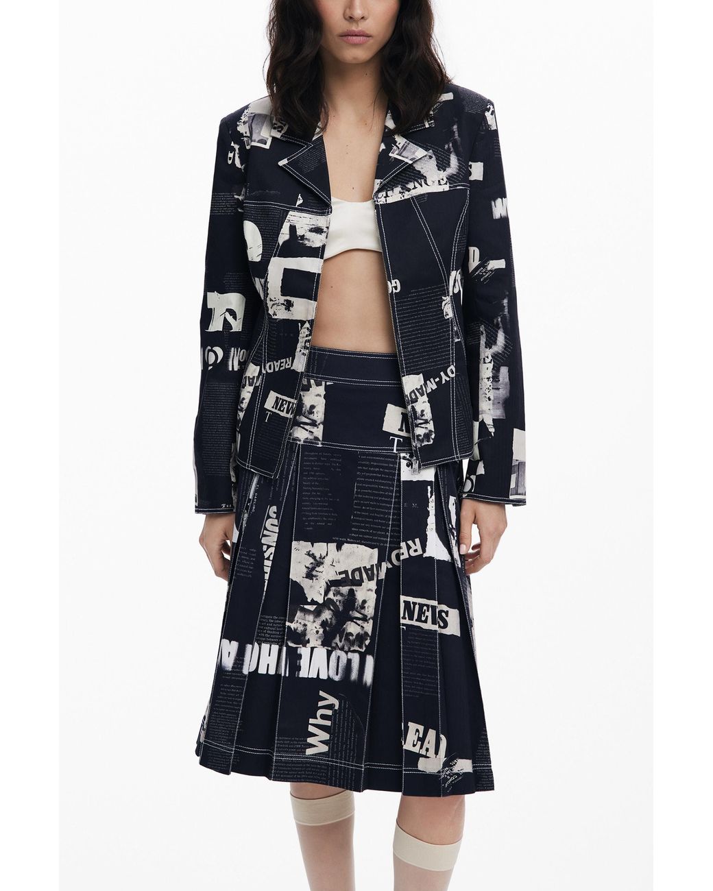 Desigual Blue Midi Skirt With Newspaper Pleats, Cotton