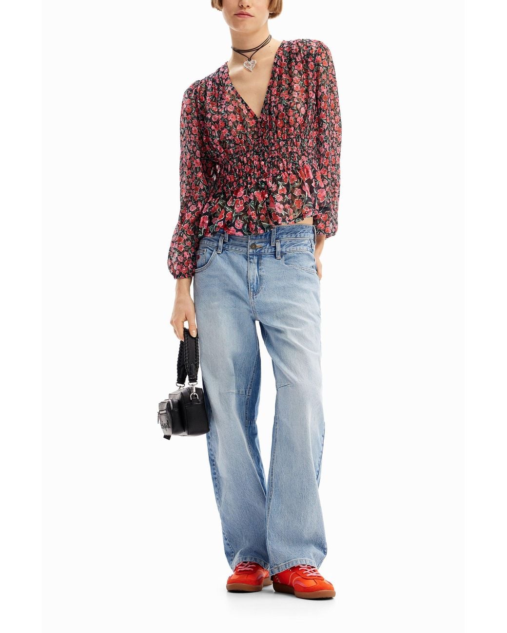 Desigual Red Floral Plumetis Blouse, Polyester