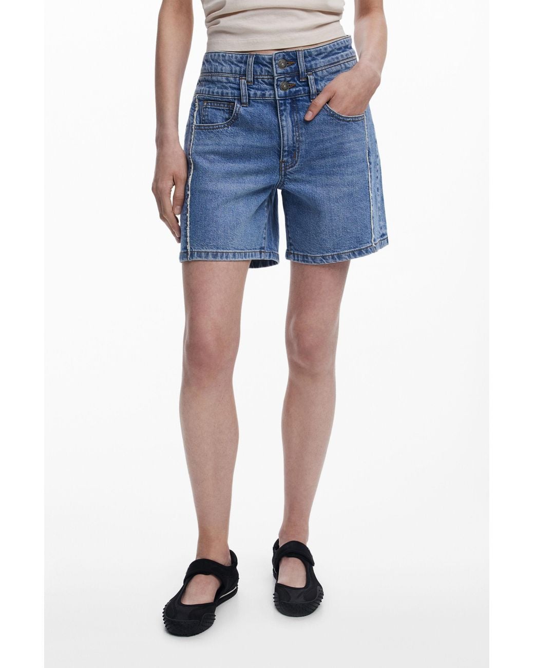 Desigual Blue Denim Bermuda Shorts With Stitching, Cotton
