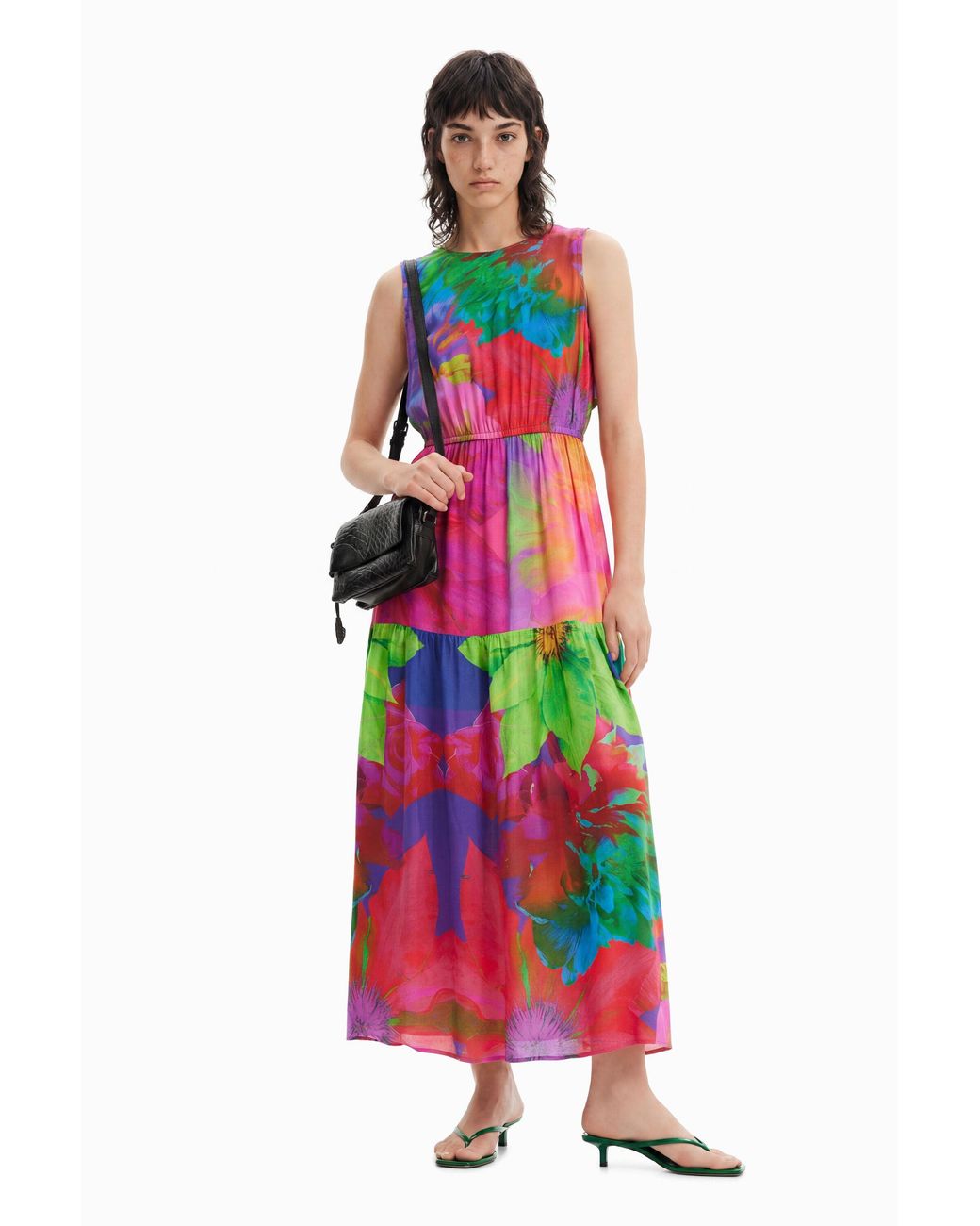 Desigual White Long Flower Cut-Out Dress, Viscose