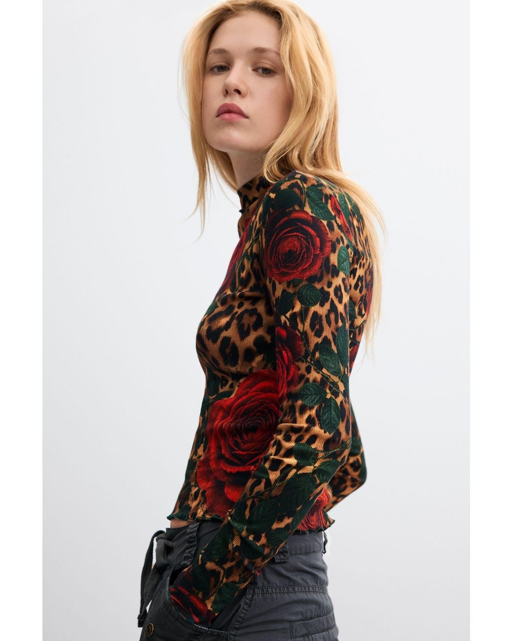 Desigual Black Ribbed T-Shirt Animal Print, Cotton