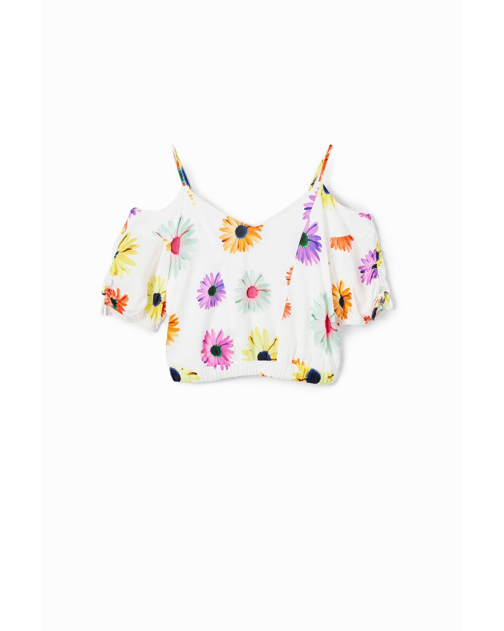 Desigual White Short Gathered Floral Blouse, Viscose
