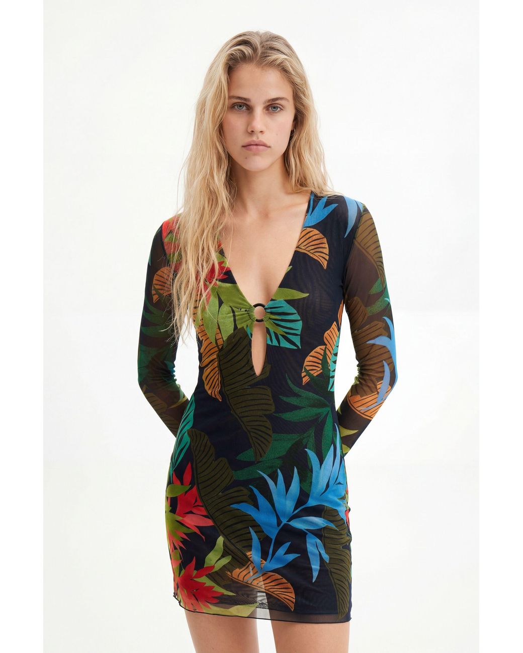 Desigual Blue Tropical Tulle Mini Dress, Polyester