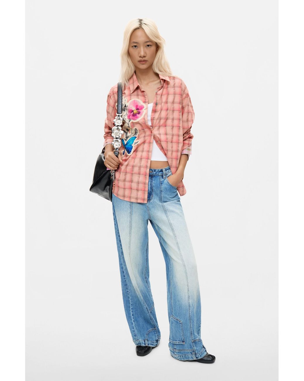 Desigual Red Plaid Flowers Shirt
