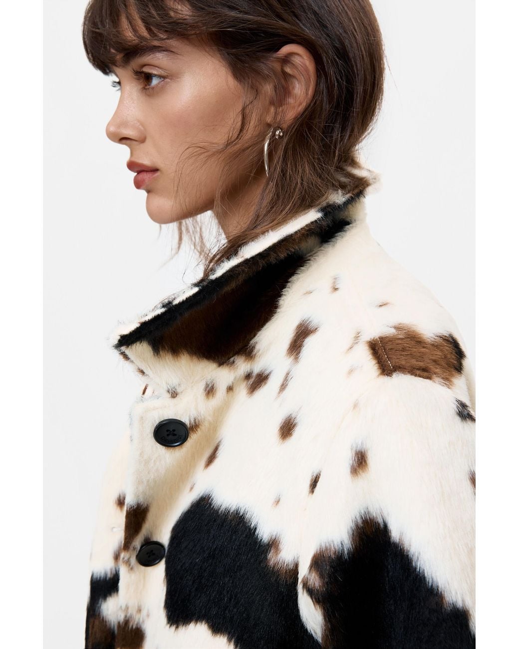 Desigual White Straight Coat With Animal Print Fur
