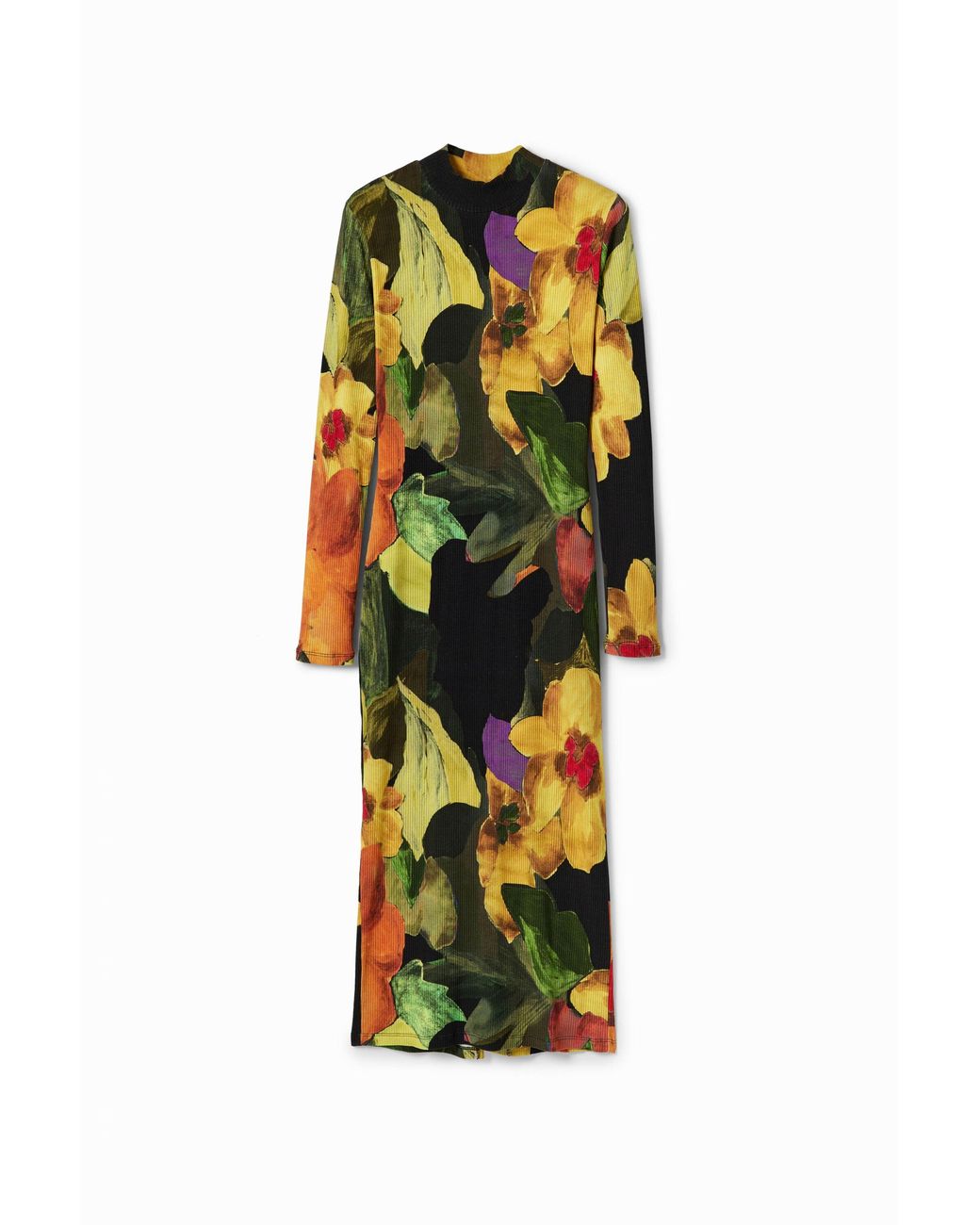 Desigual Black Slim Floral Midi Dress, Viscose