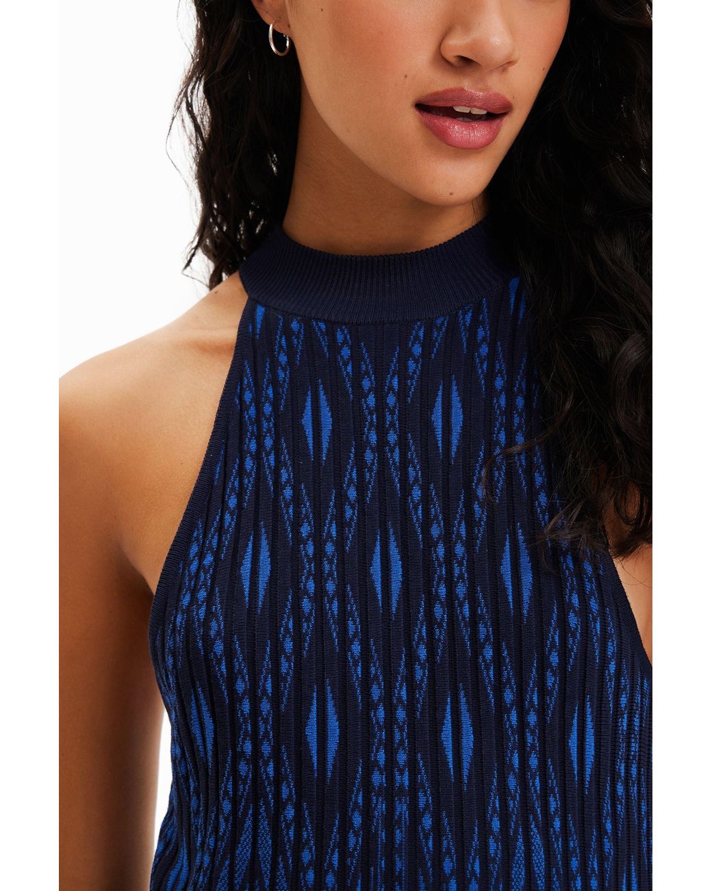 Desigual Blue Short Geometric Knit Dress, Viscose