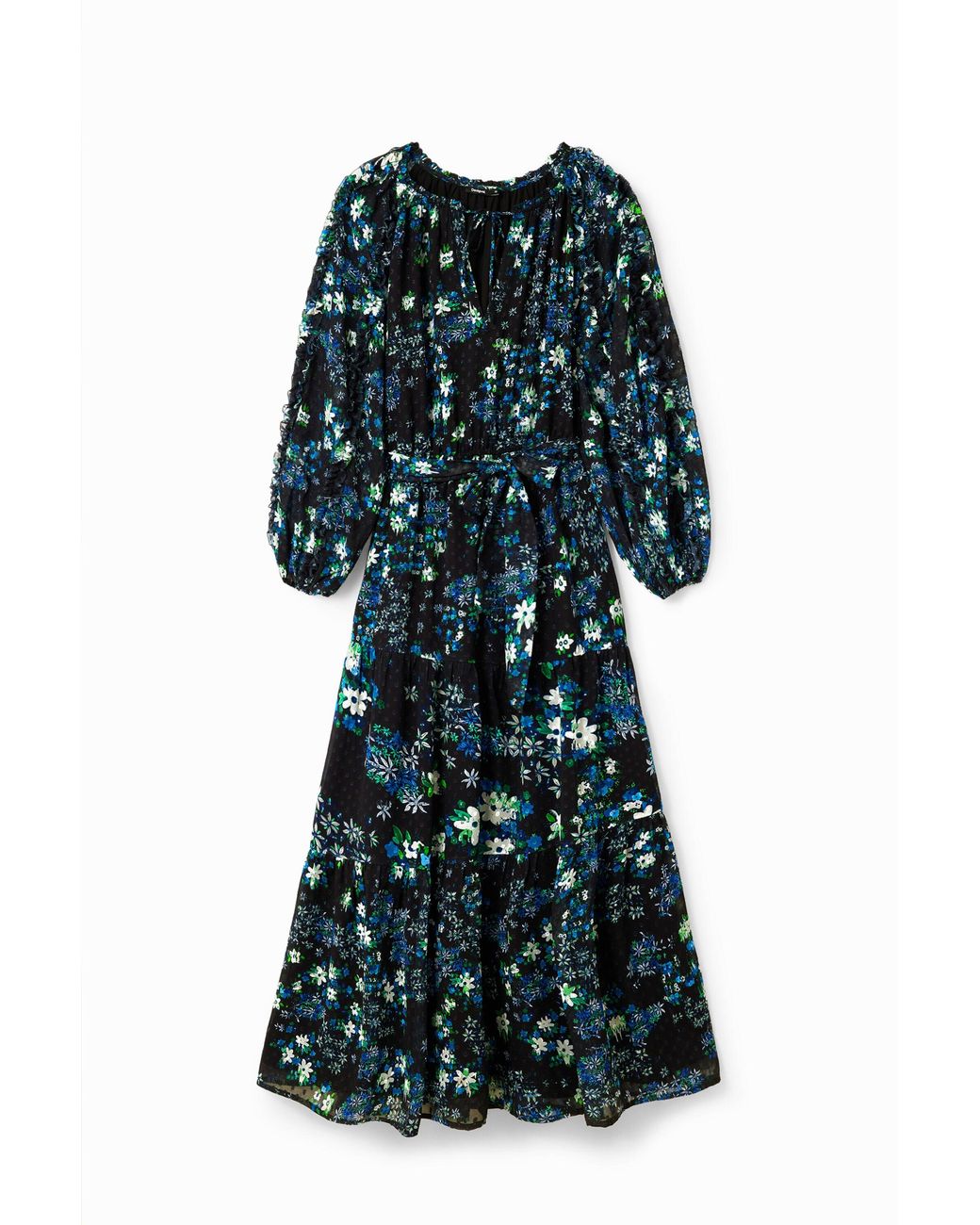 Desigual Black Floral Plumetis Midi Dress, Polyester