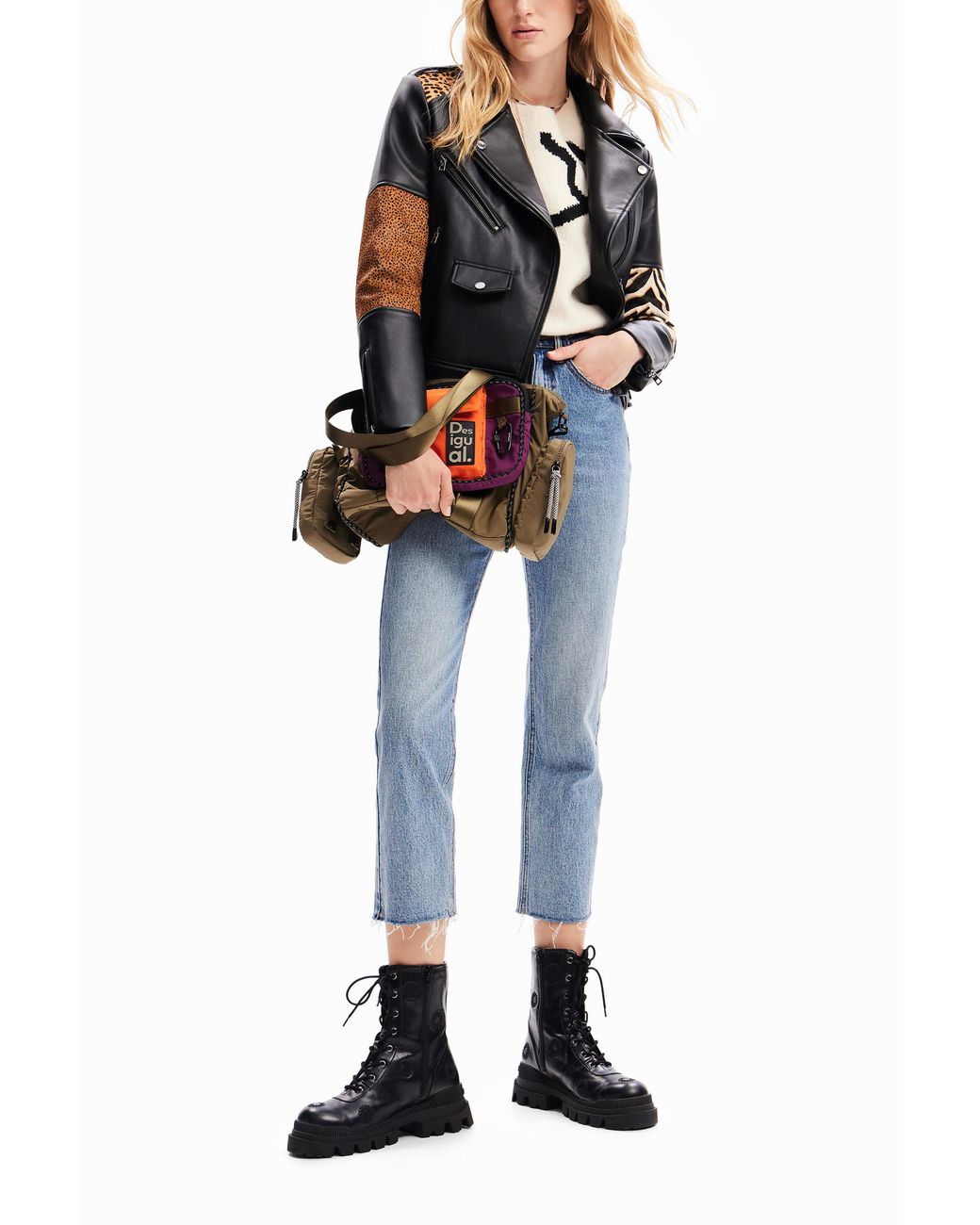 Desigual Black Patchwork Leather Biker Jacket