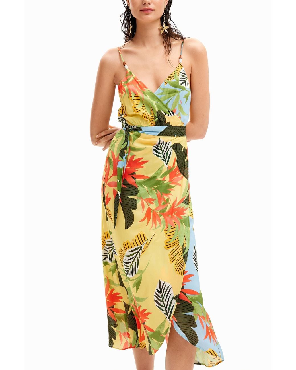 Desigual Yellow Tropical Wrap Midi Dress, Viscose