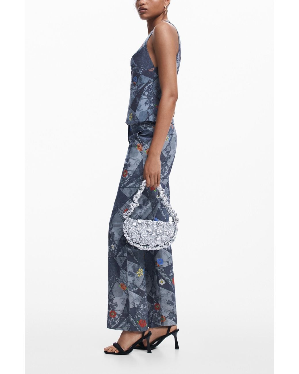 Desigual Blue Embroidered Floral Patch Tank