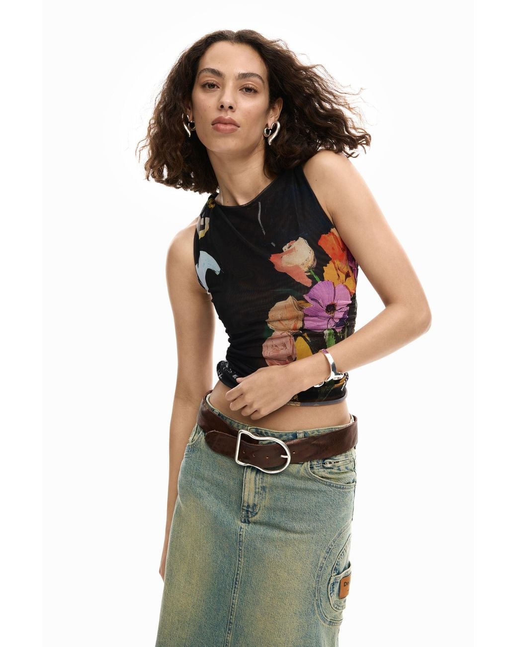 Desigual Black Mesh T-Shirt With Flowers, Polyester