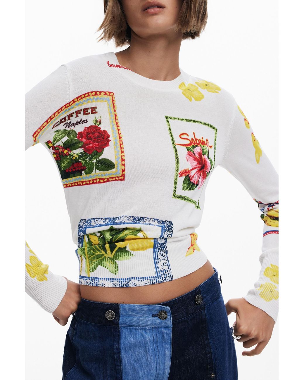 Desigual White Tropical Stamps Sweater