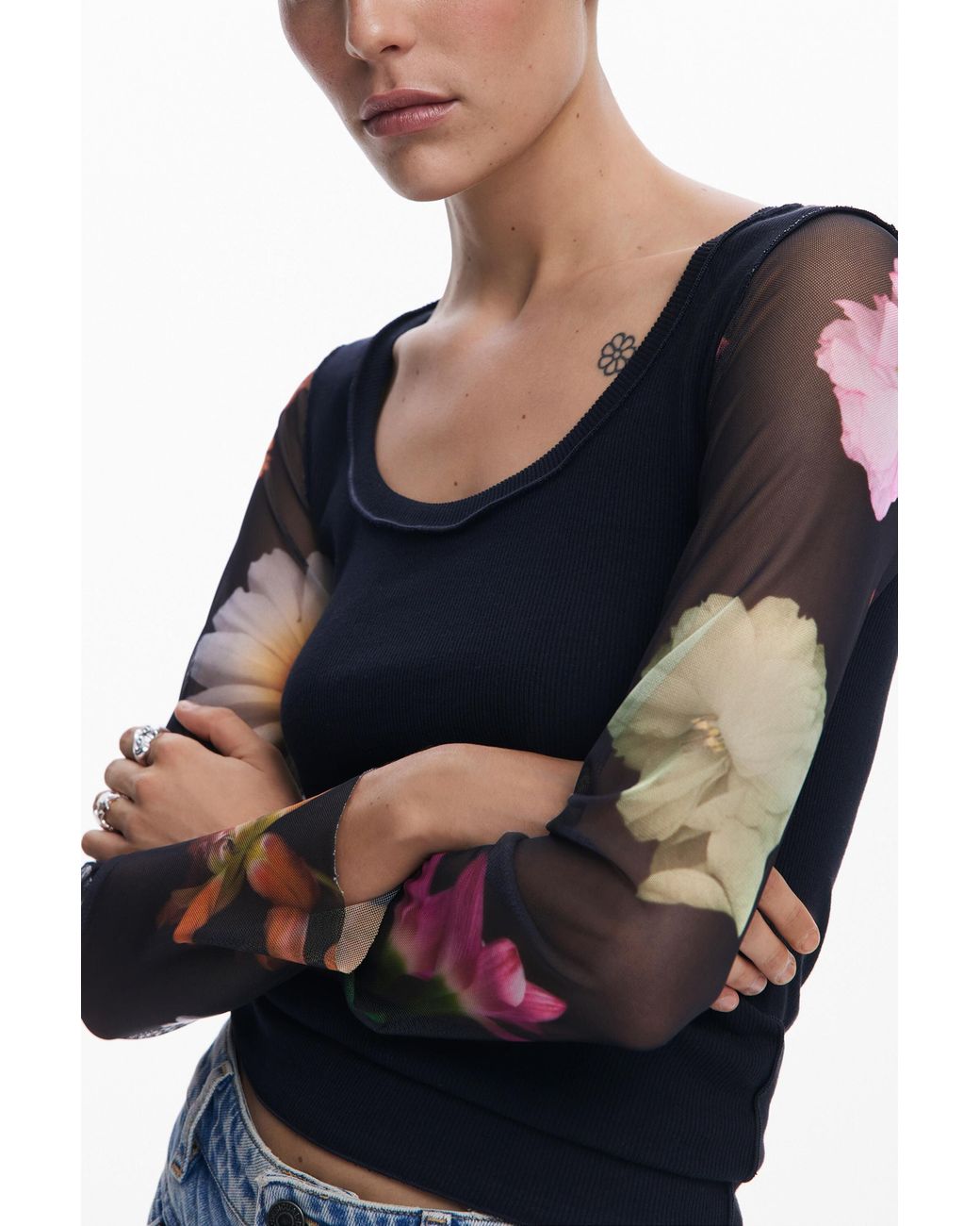 Desigual Blue T-Shirt With Printed Sleeves