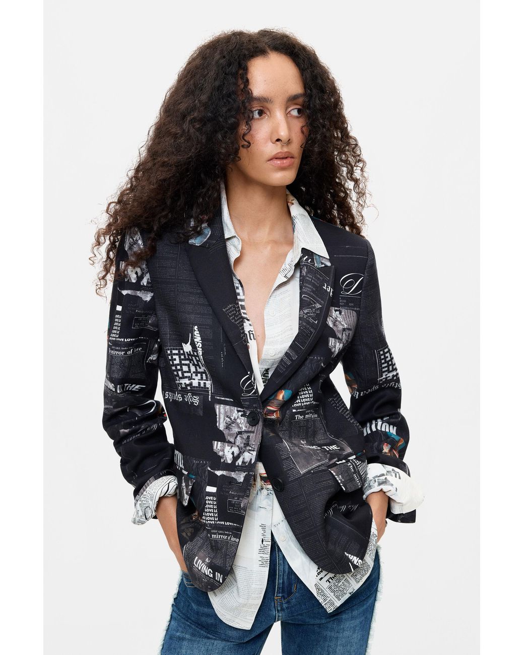 Blazer Estampada Patchwork, Mujer, Algodon, Negro Desigual de color Black
