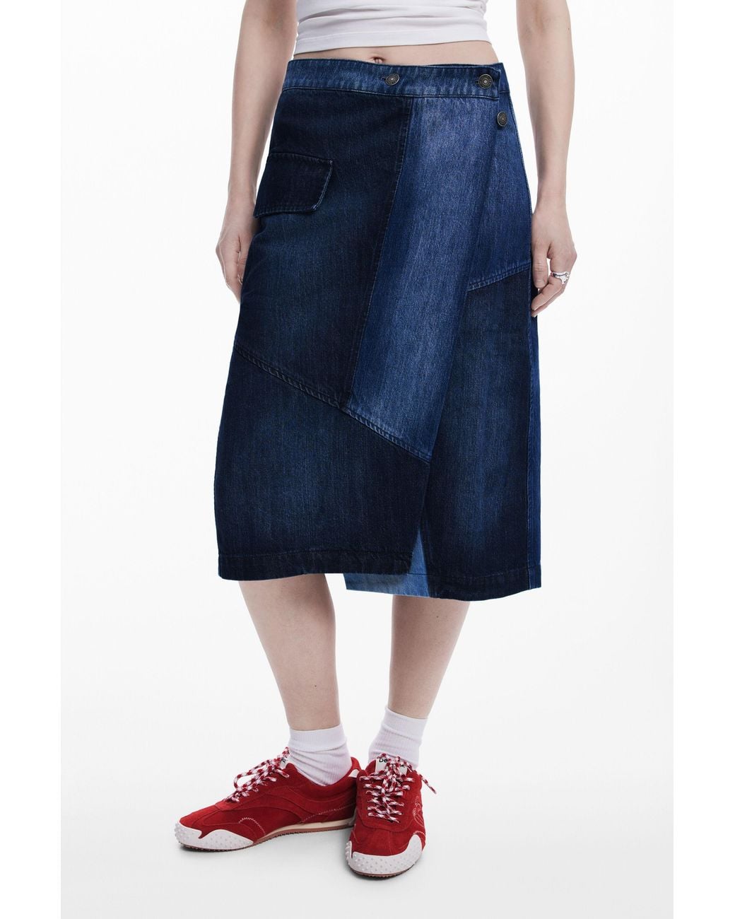 Desigual Blue Crossed Denim Midi Skirt, Cotton