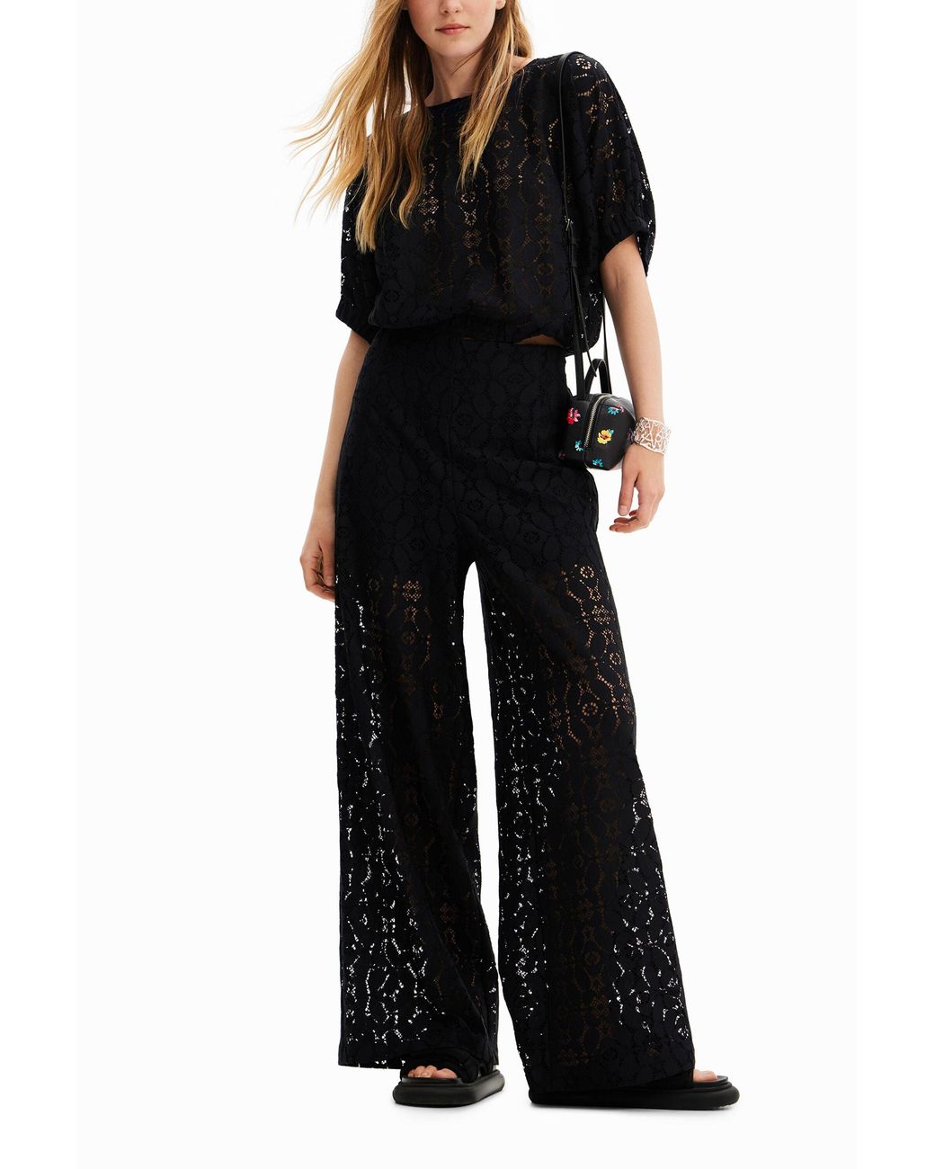 Desigual Black Short Puff-Sleeve Lace Blouse, Polyester