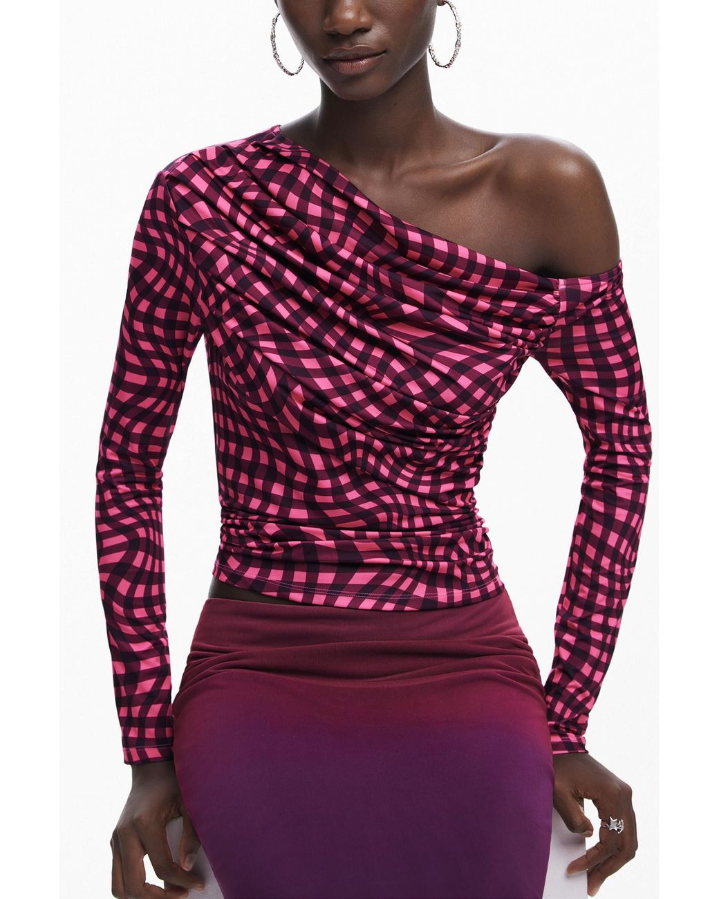 Desigual Red Asymmetric T-Shirt With Psychedelic Checks, Polyester