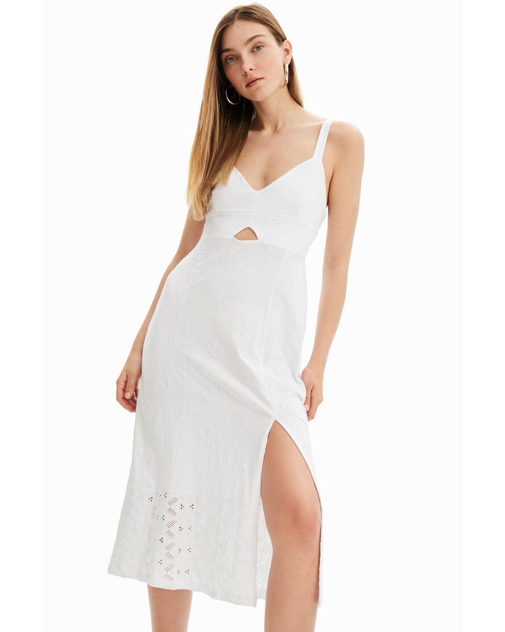 Desigual White Strappy Midi Dress, Cotton