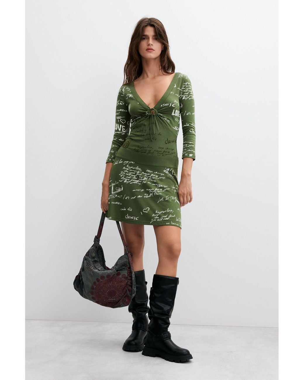 Desigual Green Short Dress With Vintage Print
