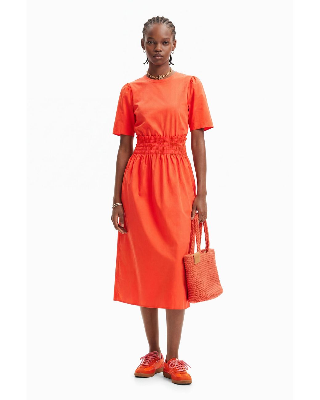 Desigual Red Plain Combination Midi Dress, Cotton