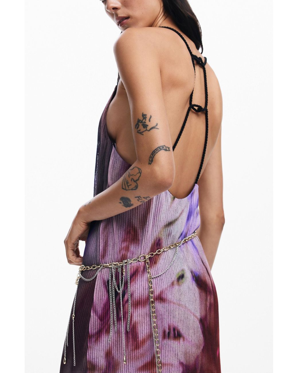 Desigual Purple Pleated Dress With Floral Print, Polyester
