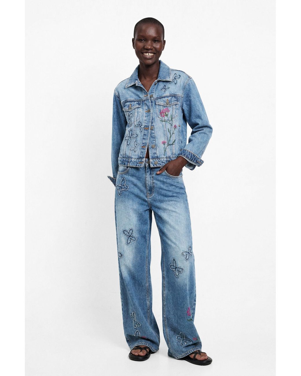 Desigual Blue Embroidered Denim Jacket 100% Cotton, Cotton