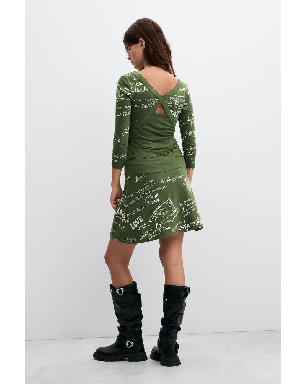 Desigual Green Short Dress With Vintage Print