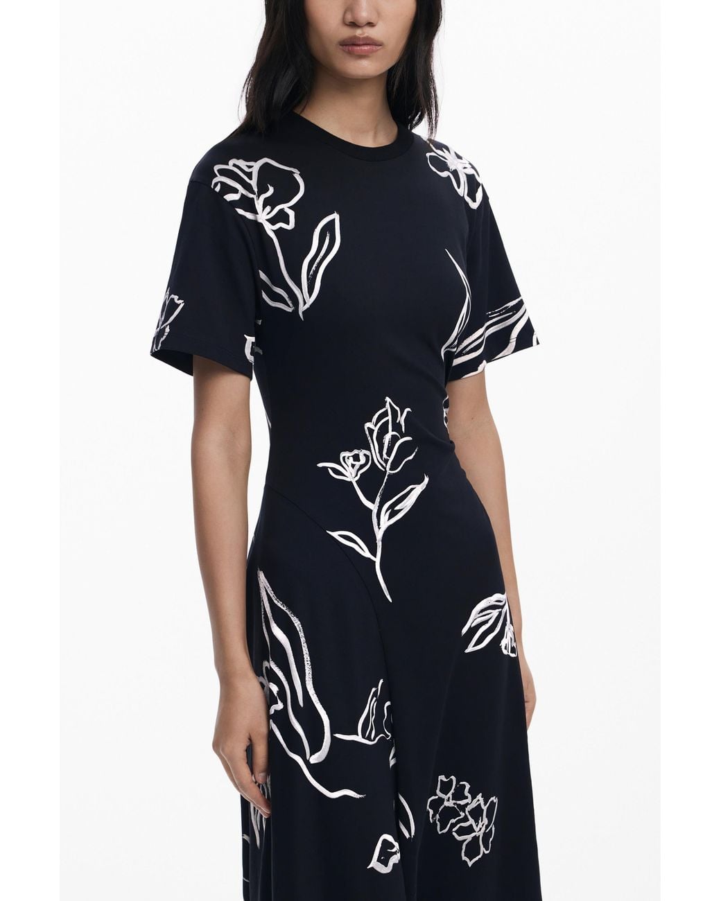 Desigual Black Asymmetric Dress With Floral Strokes, Cotton