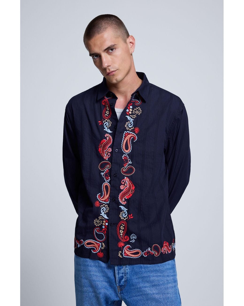 Desigual Blue Long-Sleeved Embroidered Shirt, Cotton for men