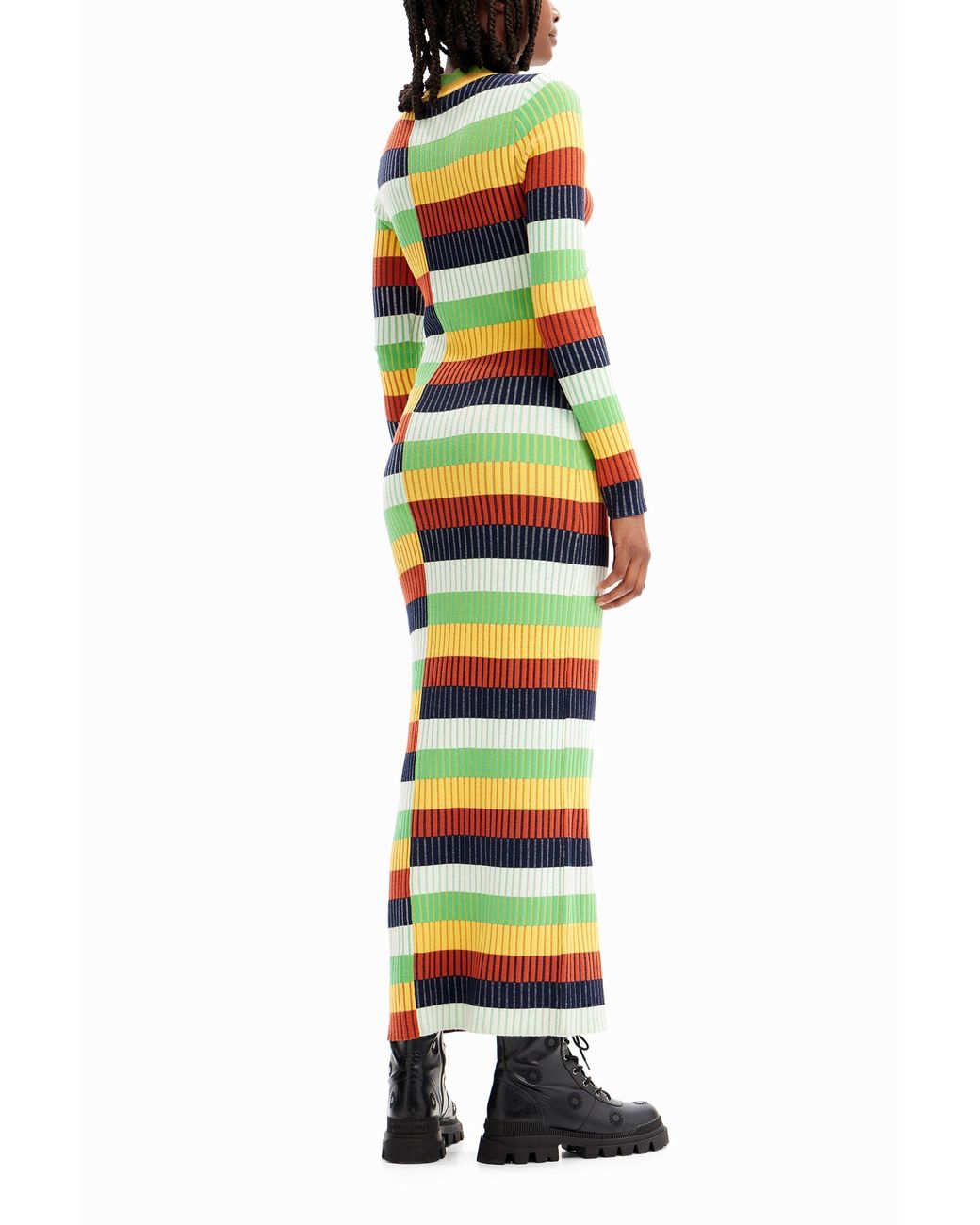 Desigual White Striped Knit Midi Dress