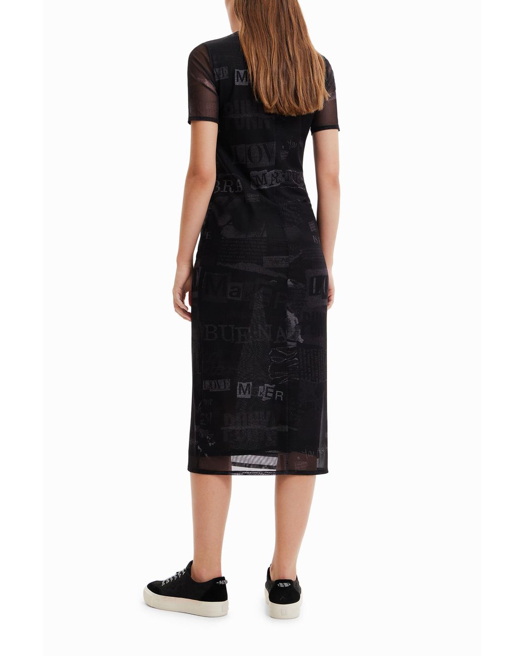 Desigual Black Tulle Newspaper Midi Dress, Polyester