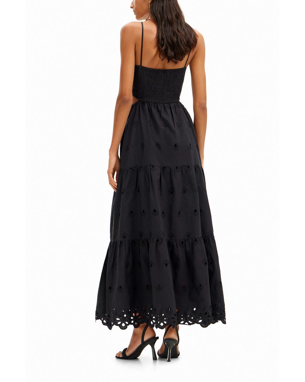 Desigual Black Long Embroidered Cut-Out Dress, Cotton