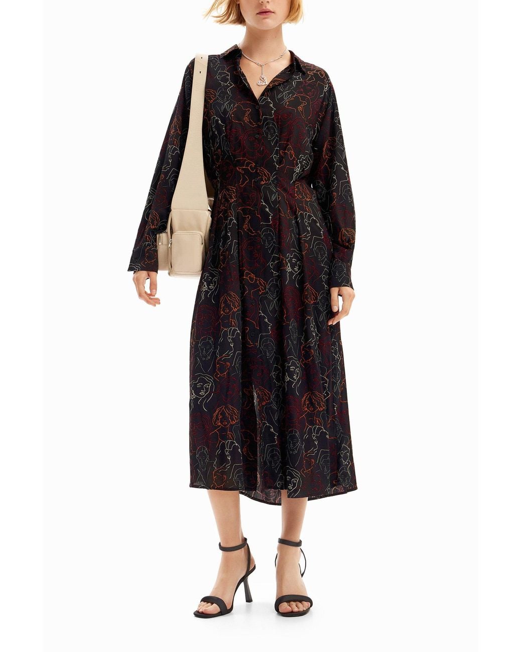 Desigual Black Faces Midi Shirt Dress, Viscose