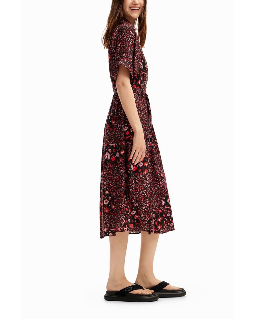 Desigual Red Floral Midi Shirt Dress, Viscose