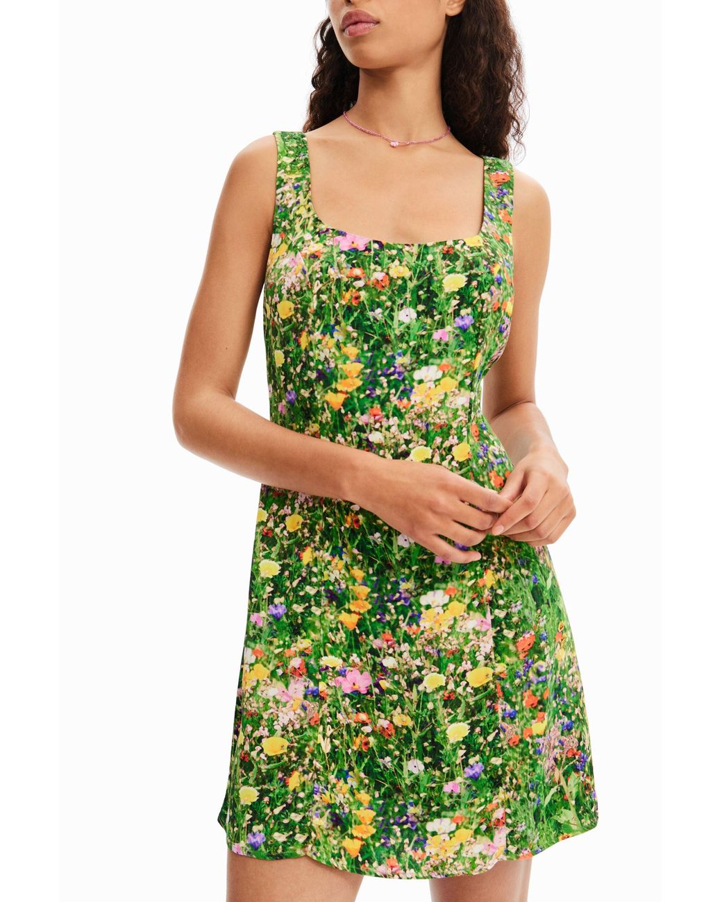 Desigual Green Short Floral Dress, Viscose