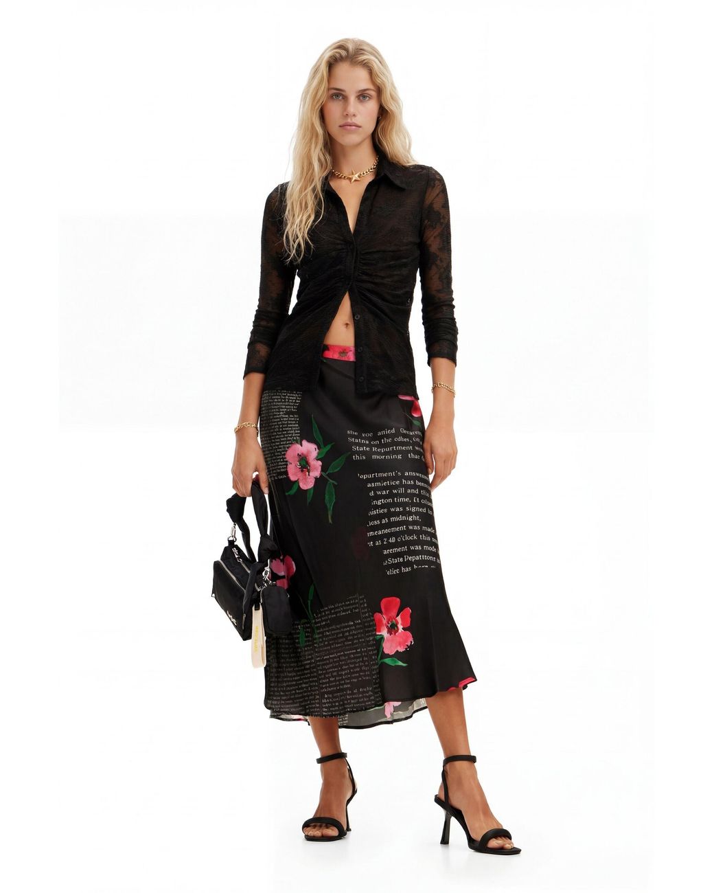 Desigual Black Text Slip Midi Skirt, Viscose