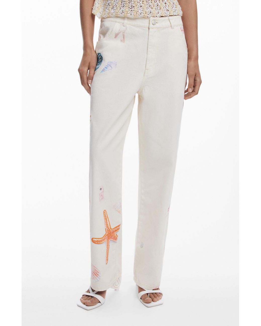 Desigual White Straight Pants With Sea Stars, Cotton