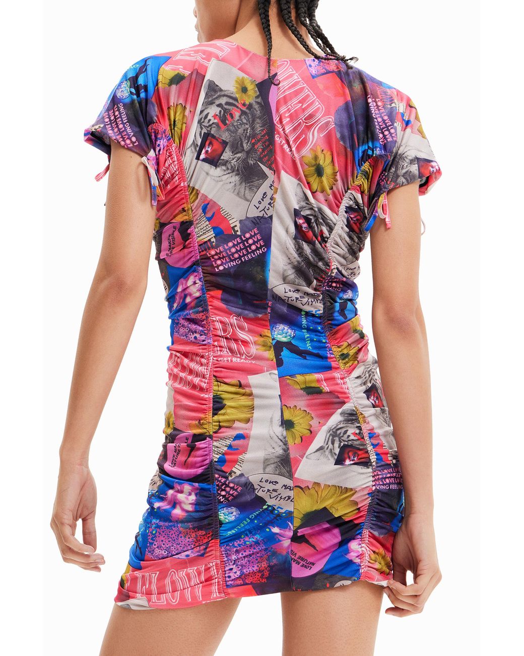 Desigual White Slim Ruched Collage Mini Dress, Polyester