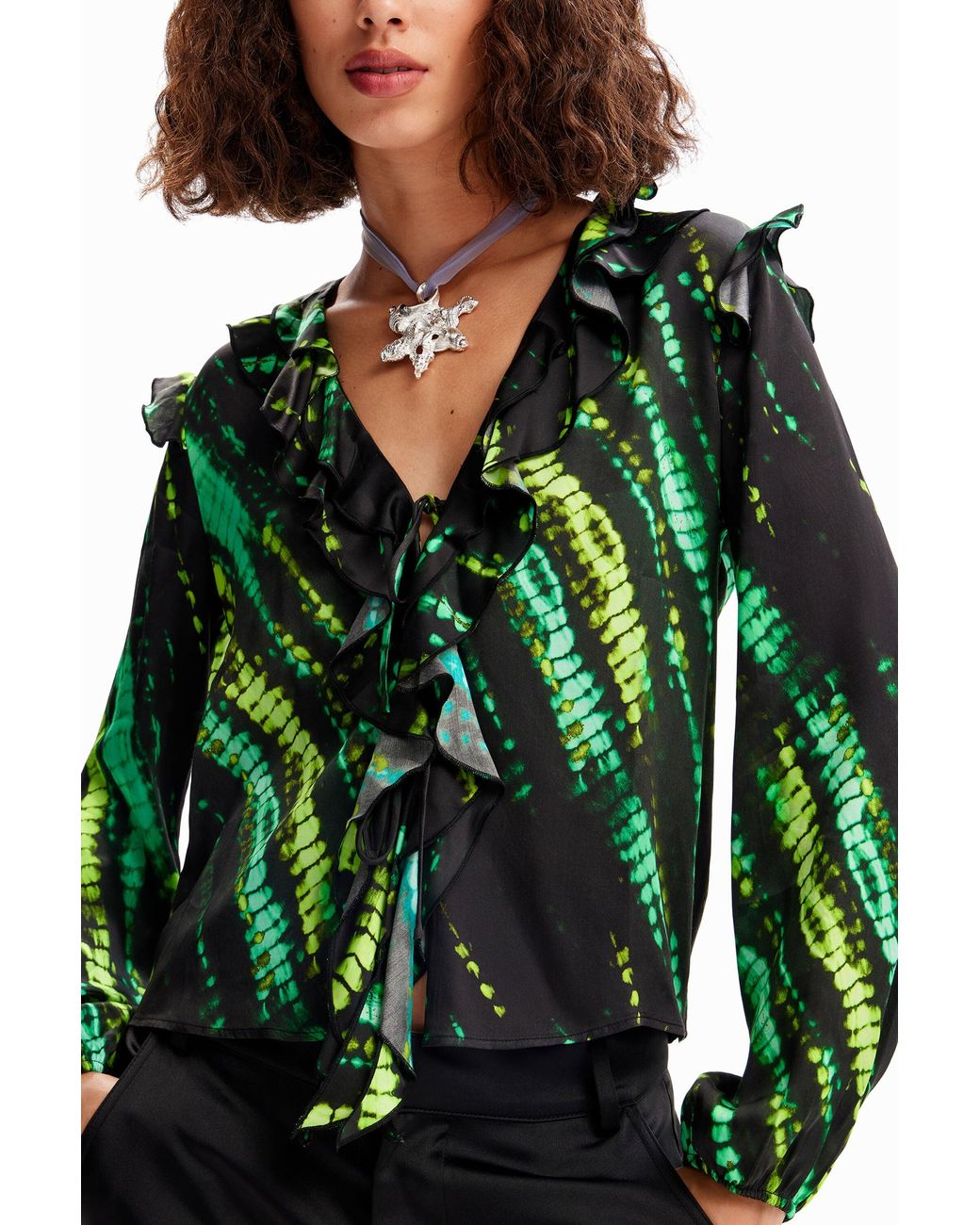 Desigual Green Tie-Dye Ruffle Blouse, Viscose
