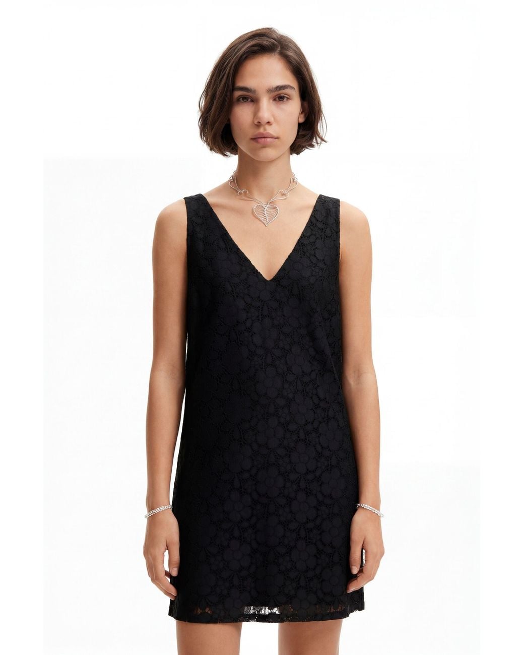 Desigual Black Floral Lace Mini Dress, Polyester