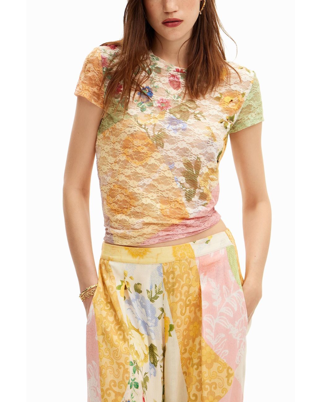 Desigual White Lace T-Shirt With Floral Pattern